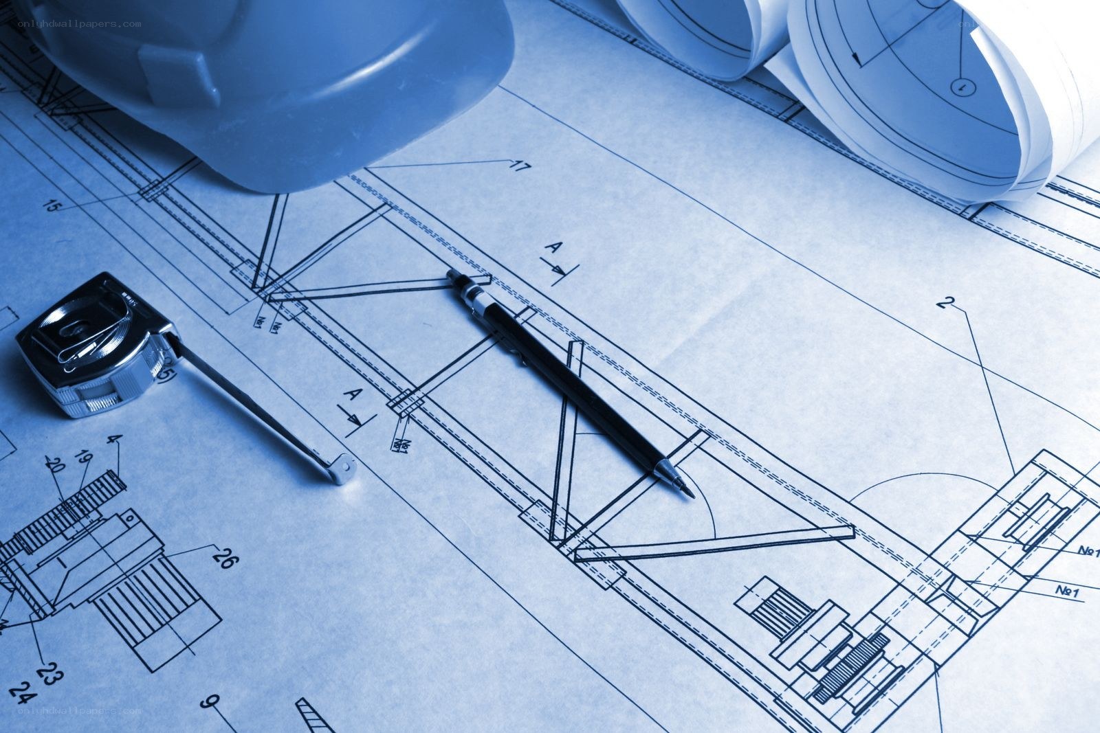 blueprint and construction tools