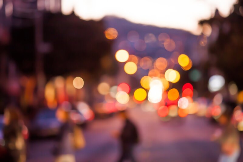 Blurred City Lights at Dusk — Yellow, Dreamy