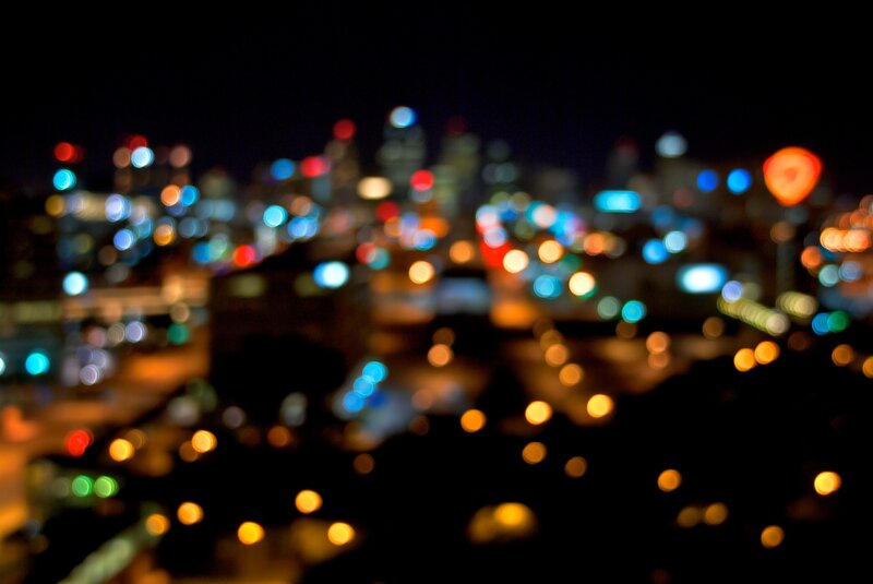 Blurred City Lights at Night — Black, Dark, Photograph, Buildings, Sky