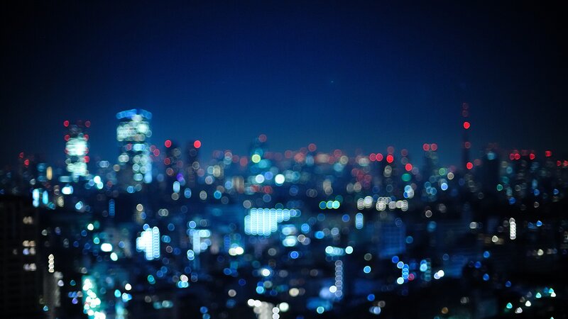 Blurred City Lights at Night — Blue, Calm, Photograph, Skyscrapers