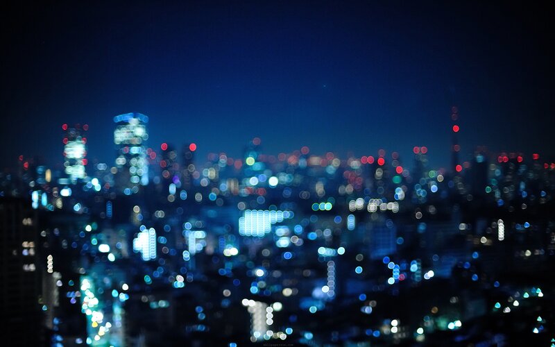Blurred City Lights at Night — Blue, Dark, Photograph, Skyscrapers
