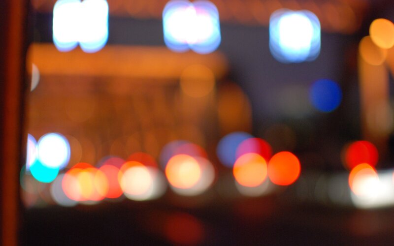 Blurred City Lights at Night — Blue, Dreamy, Photograph, Bokeh, Orange, Red