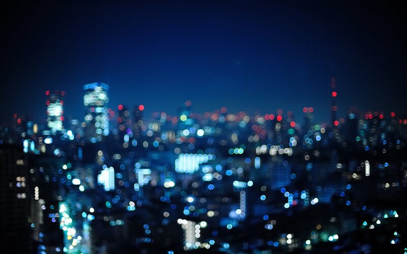 Blurred City Lights at Night — Blue, Dreamy, Photograph, Buildings, Sky