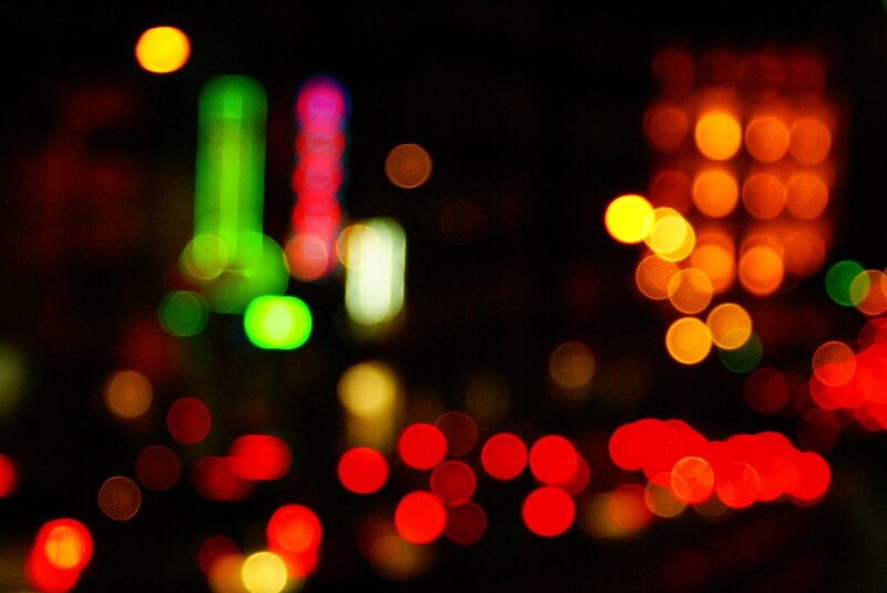 Blurred City Lights at Night — Red, Dark, Photograph