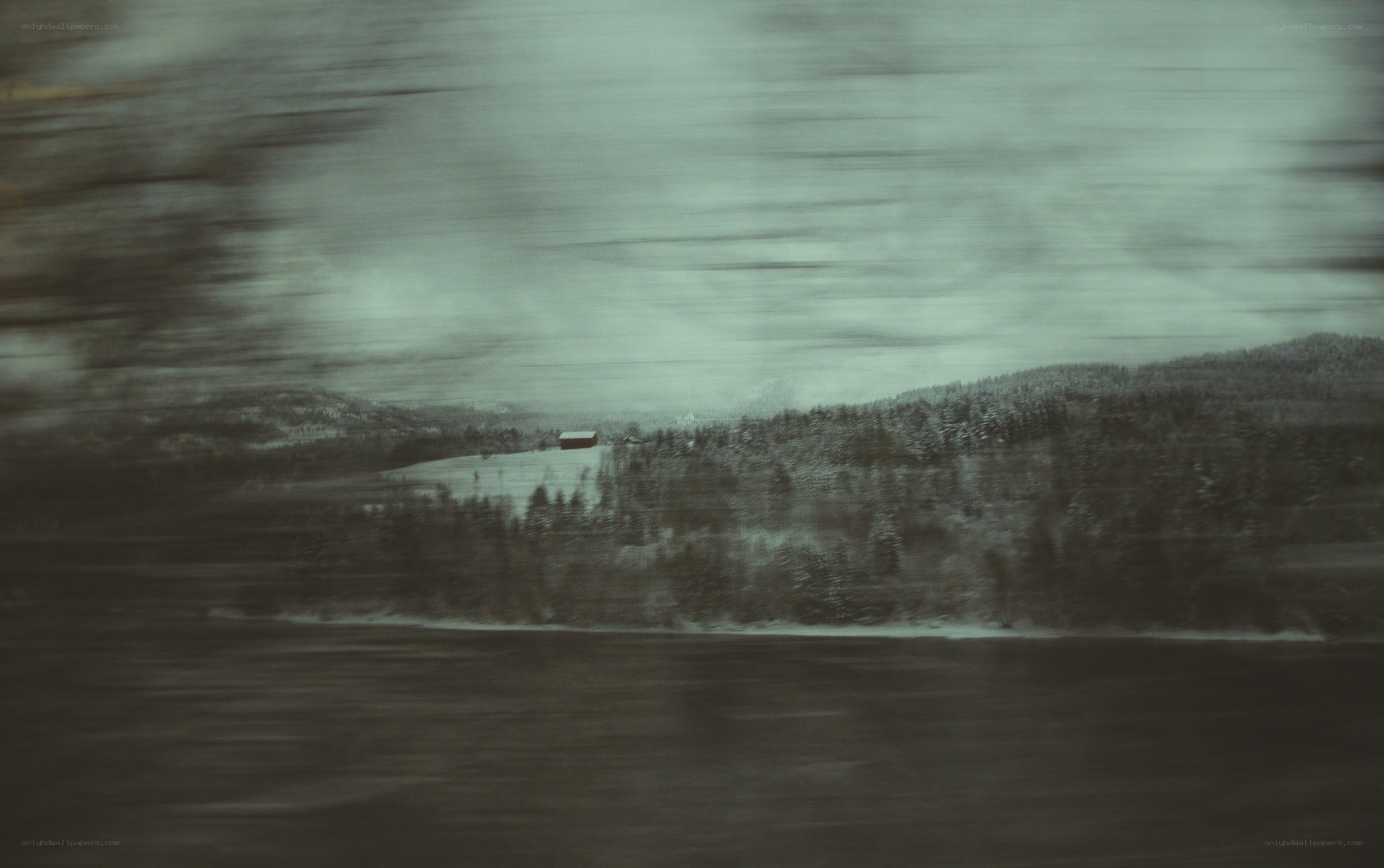 blurry winter landscape from moving vehicle