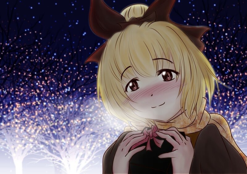 blushing anime girl at night