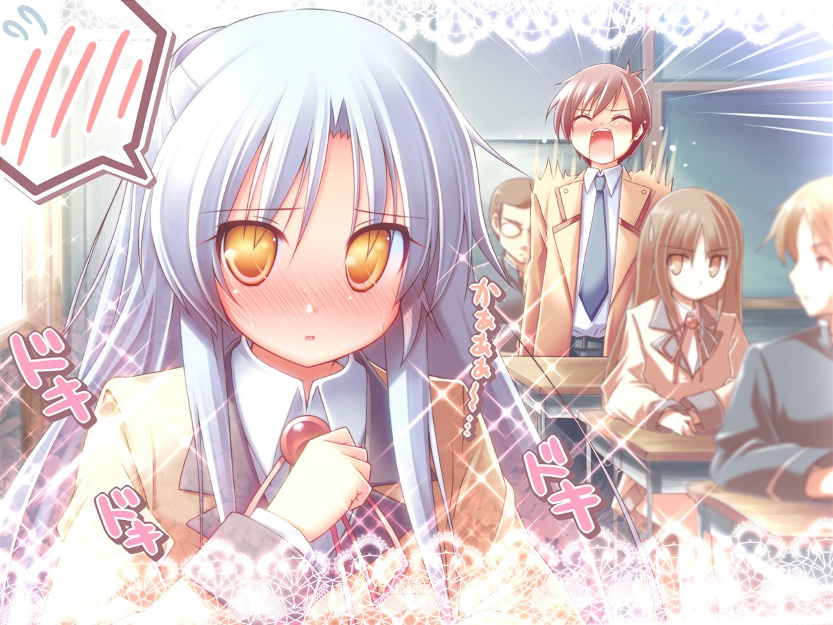 Blushing anime girl in classroom