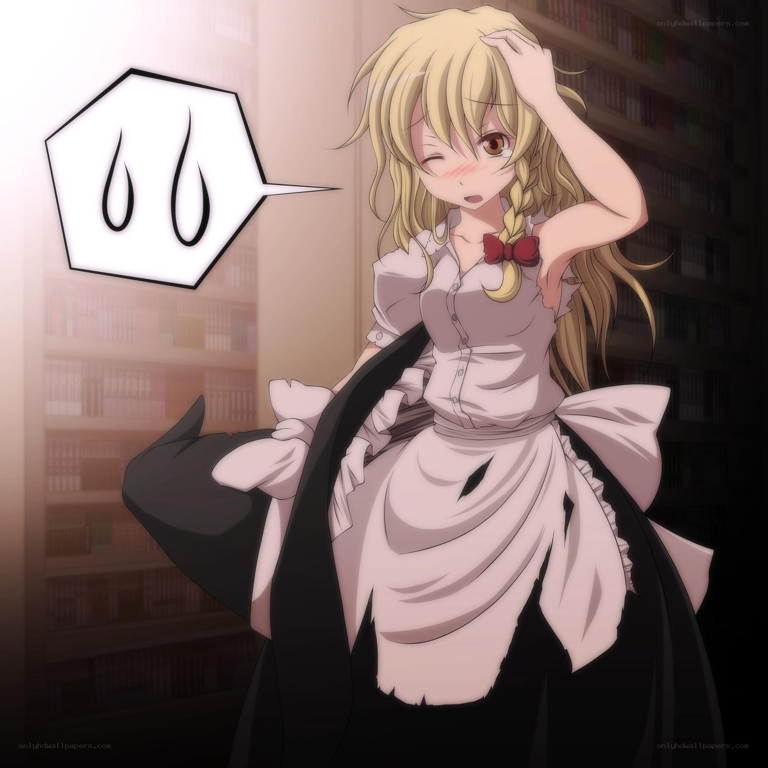 blushing anime girl in library