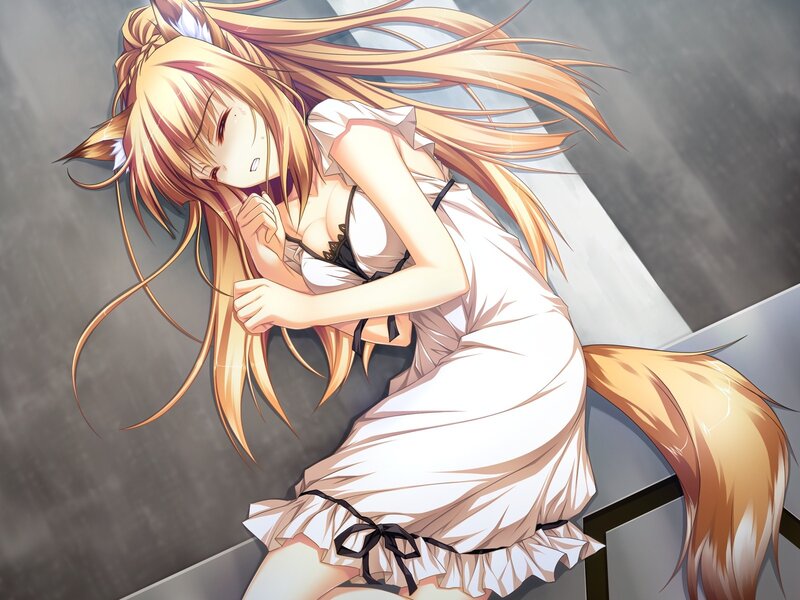 blushing fox girl in white dress