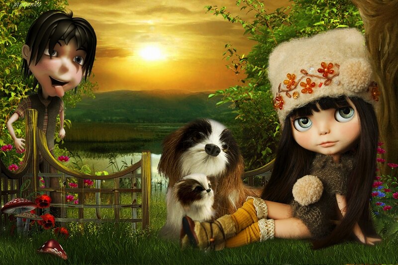 Blythe Doll with Dogs