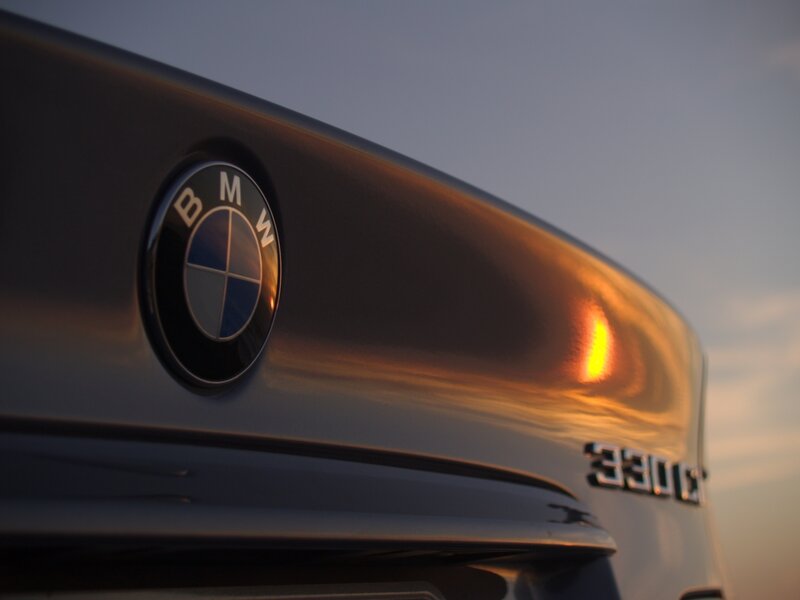 BMW 330i at sunset