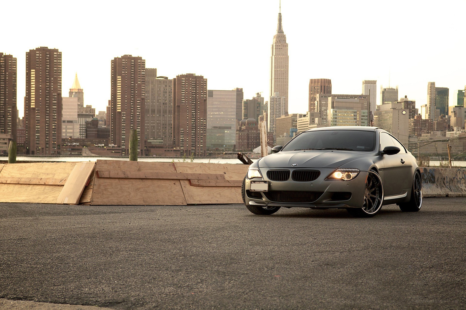 BMW coupe in cityscape