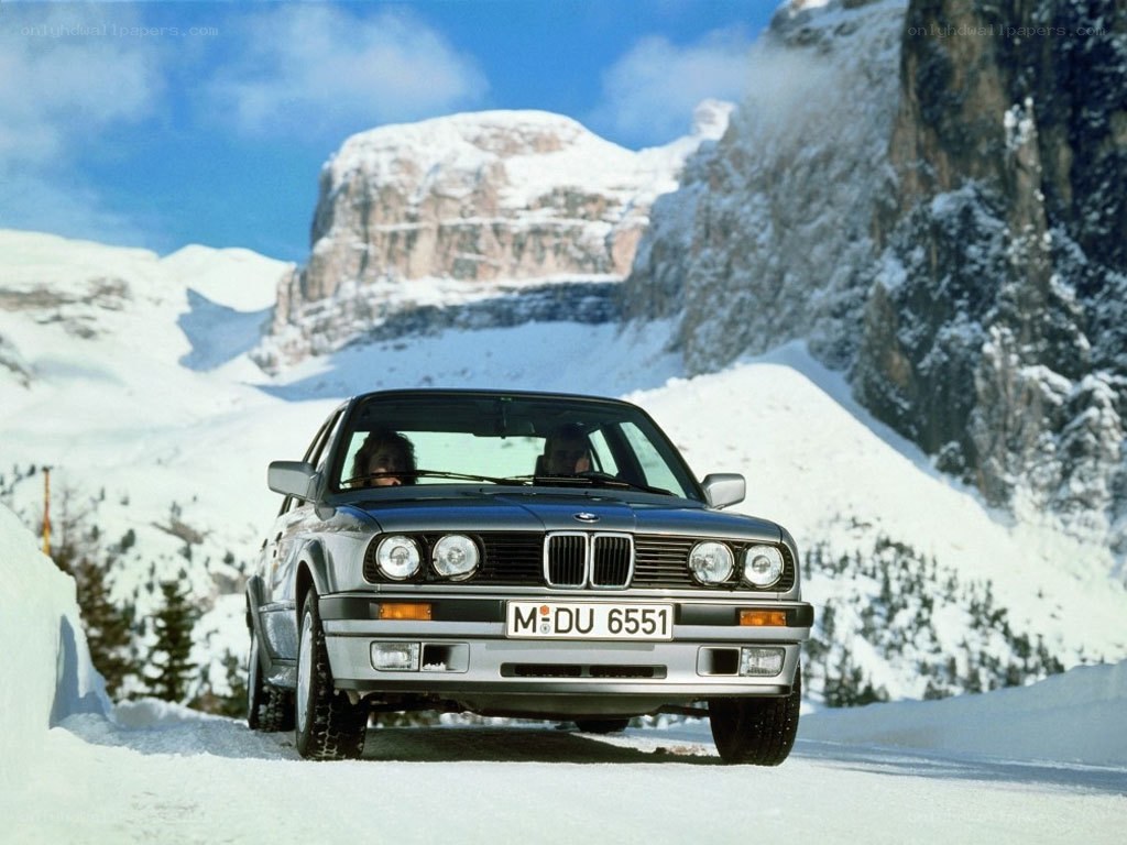 BMW driving in snowy mountains