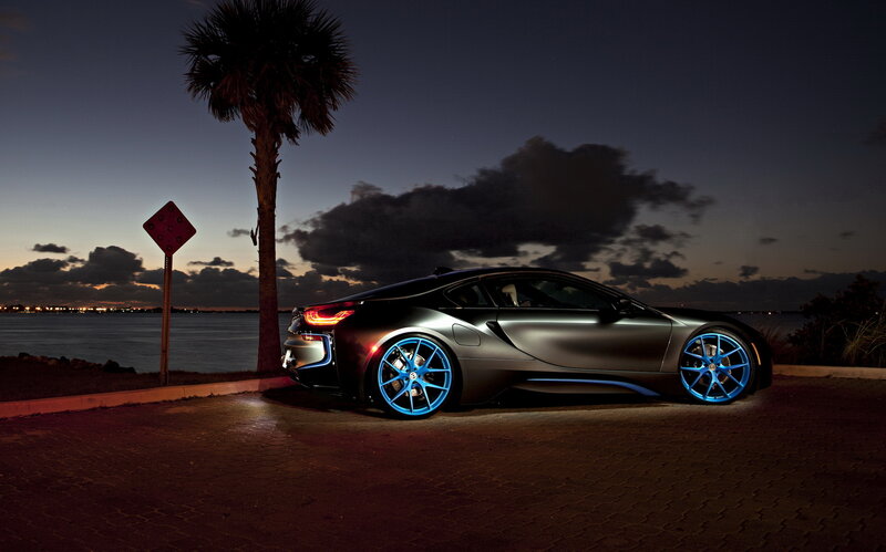 BMW i8 at dusk by the water