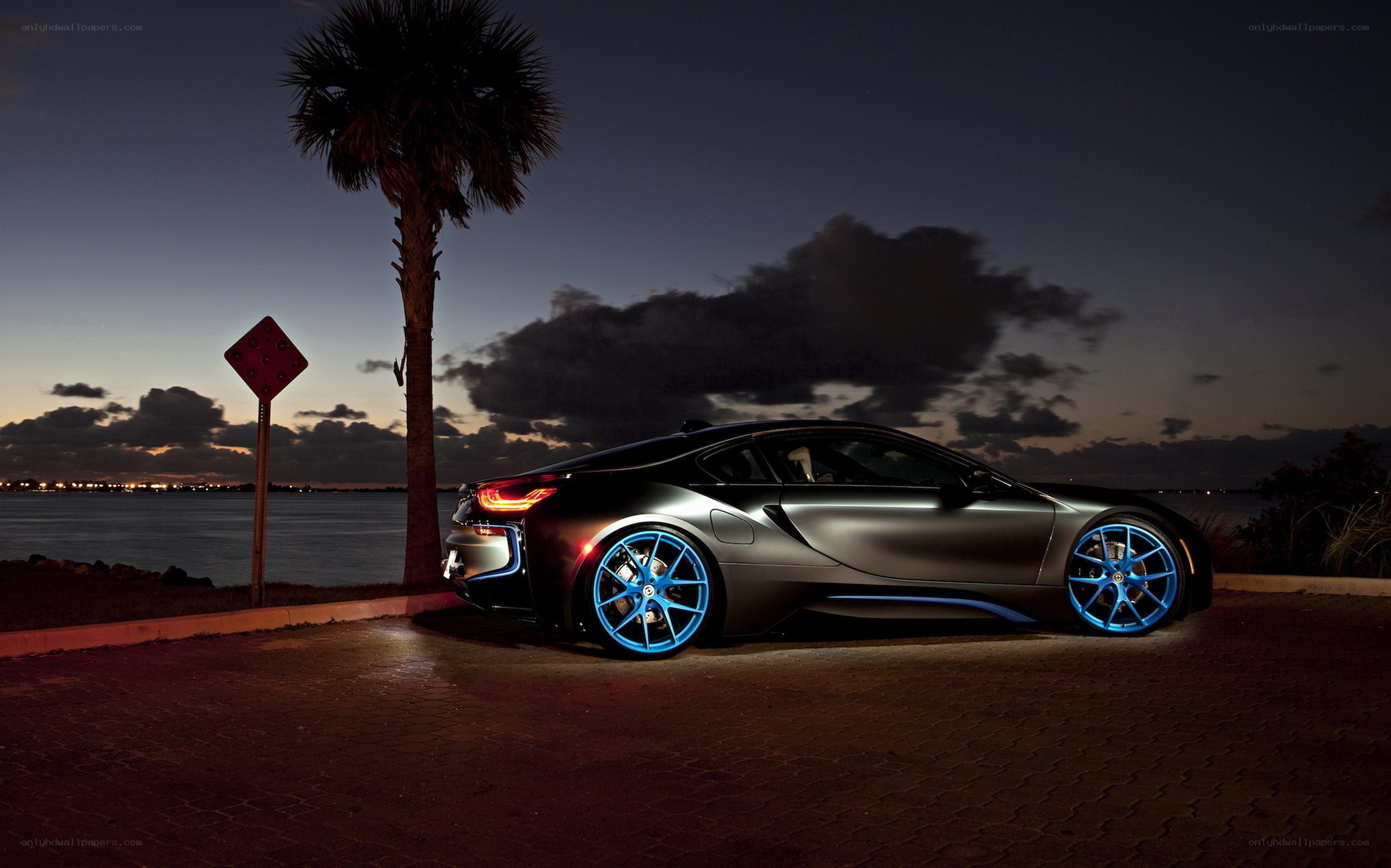 BMW i8 at dusk by the water