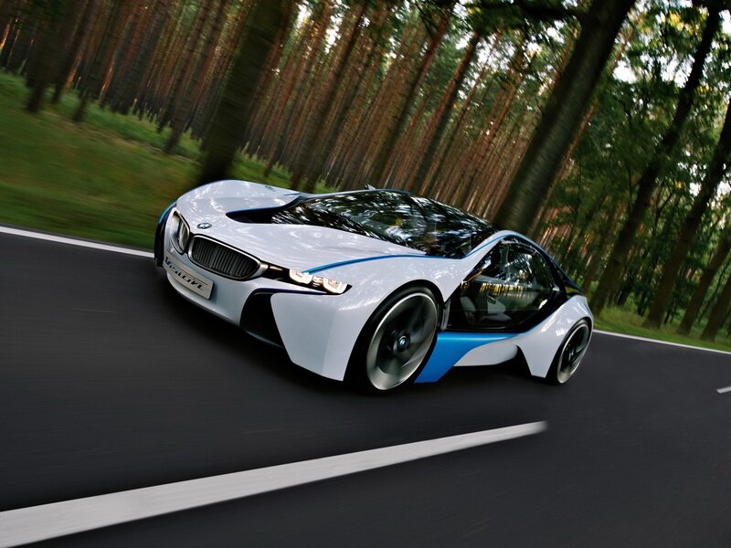 BMW i8 Concept car on forest road
