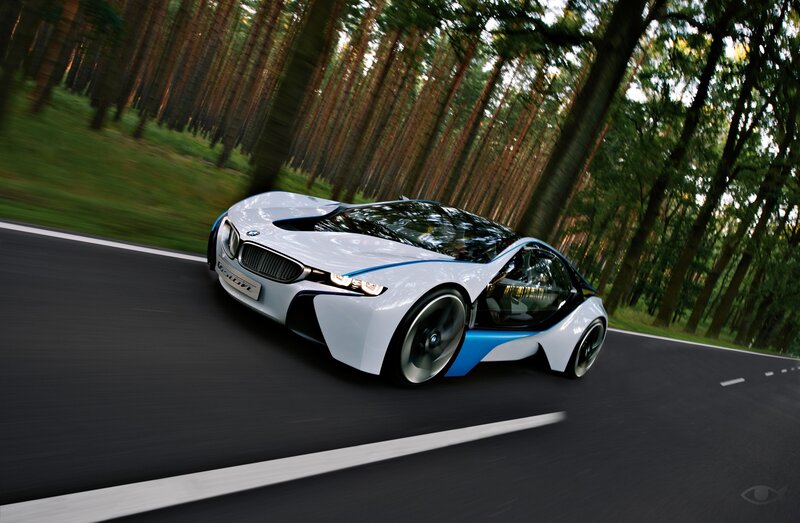 BMW i8 Concept car on forest road
