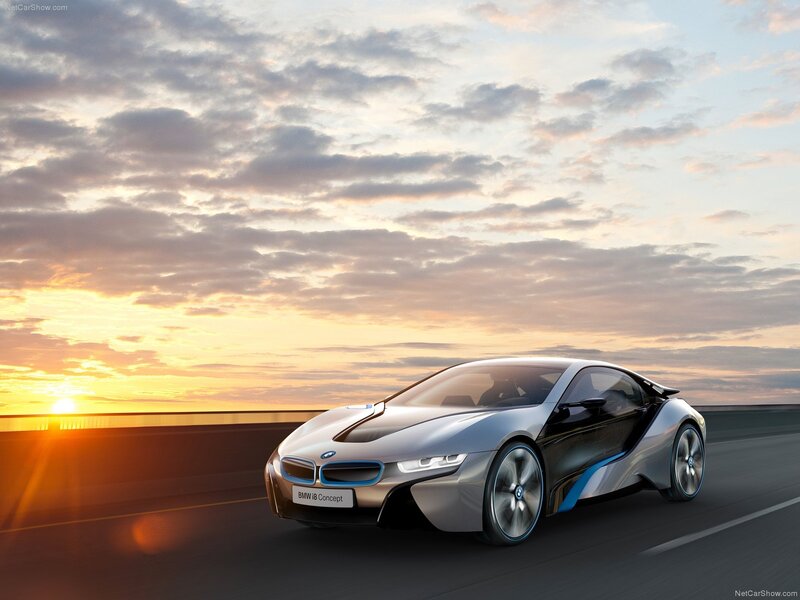 BMW I8 Concept Car — Silver, Dramatic, Sunset