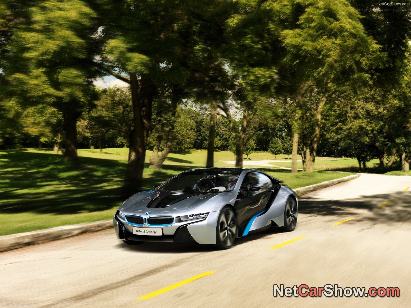 BMW i8 Concept on a tree-lined road