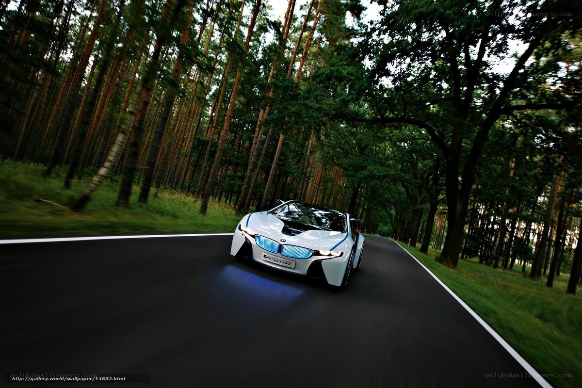 BMW i8 driving on forest road