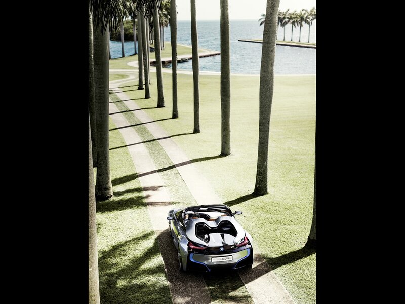 BMW i8 Spyder on a palm-lined path