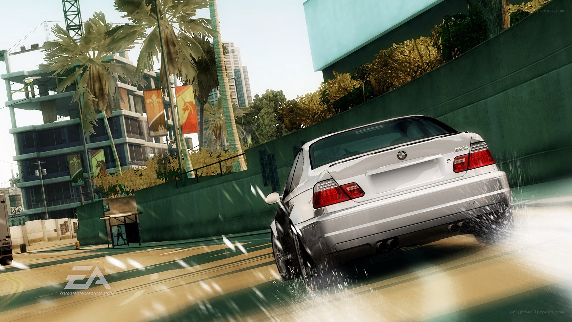 BMW M3 drifting in wet city