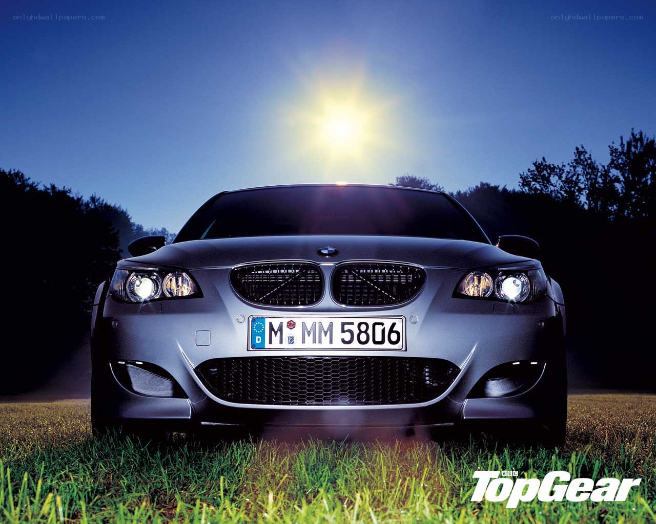 BMW M5 in grass at dusk