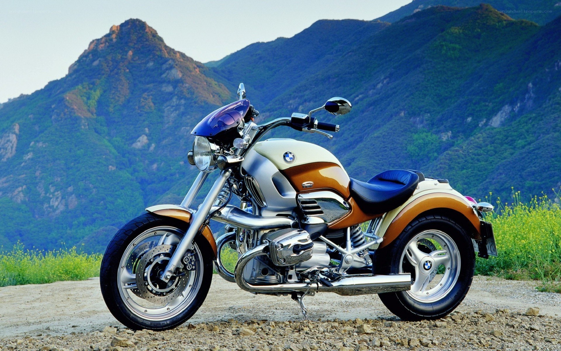 BMW motorcycle in mountain landscape