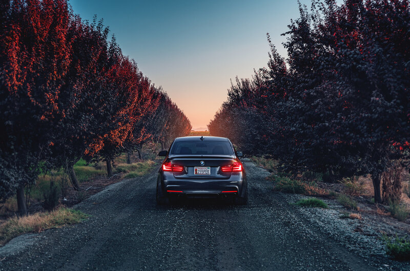 BMW on a country road at sunset