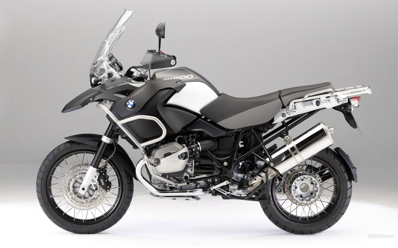 BMW R1200GS Motorcycle — Black, Neutral, Photograph, Windshield, Saddlebags, Exhaust, Silver