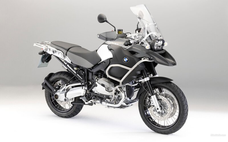 BMW R1200GS Motorcycle — Black, Neutral, Photograph, Windshield, Saddlebags, Rear Rack