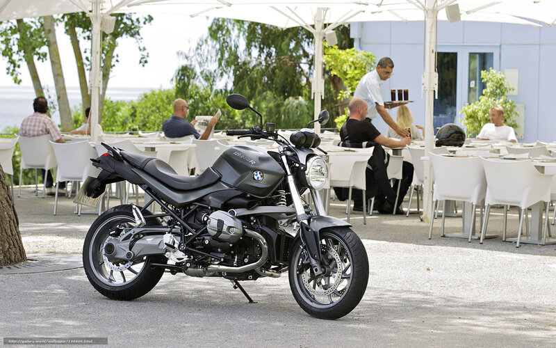 BMW R1200R motorcycle at outdoor cafe