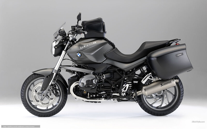 BMW R1200R Motorcycle — Gray, Neutral, Photograph, Saddlebags, Akrapovič Exhaust