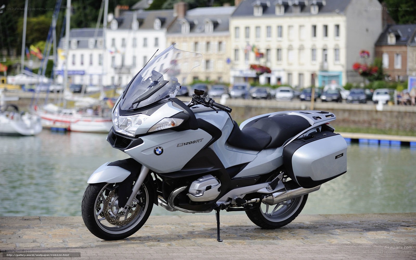 BMW R1200RT motorcycle at harbor