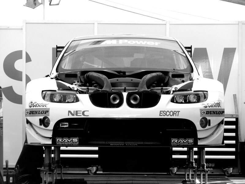 BMW race car in garage