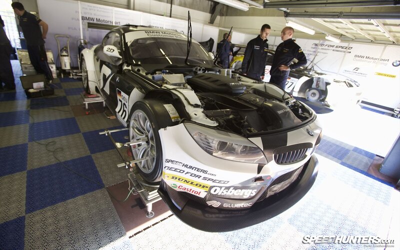BMW race car in garage
