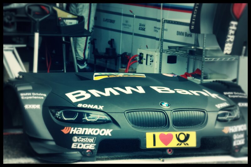 BMW race car in garage