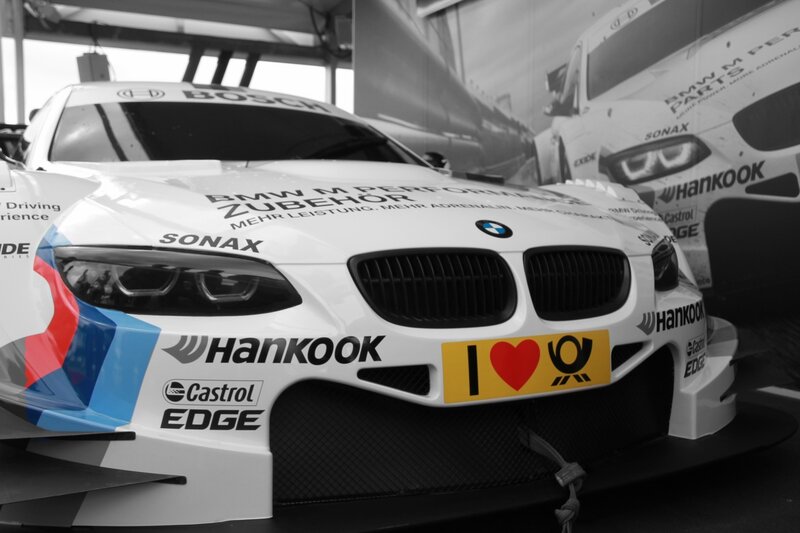 BMW race car in garage