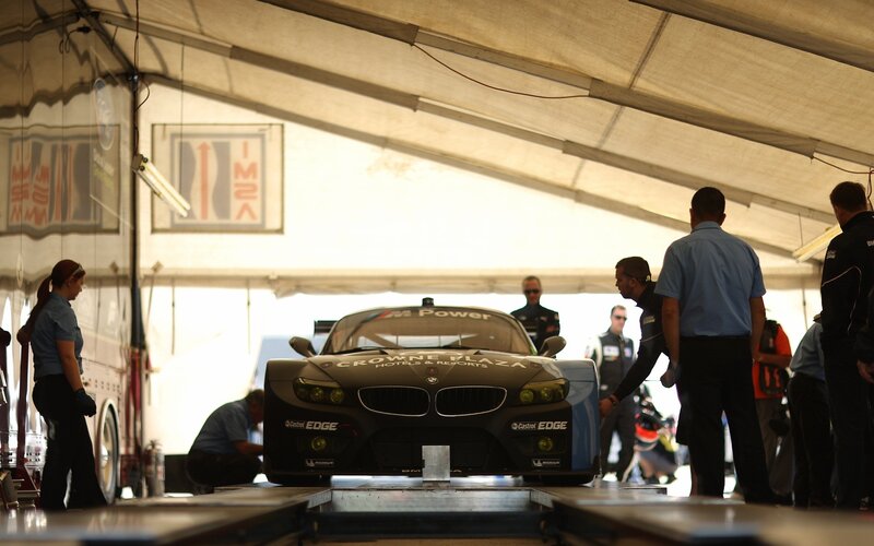BMW race car in pit garage
