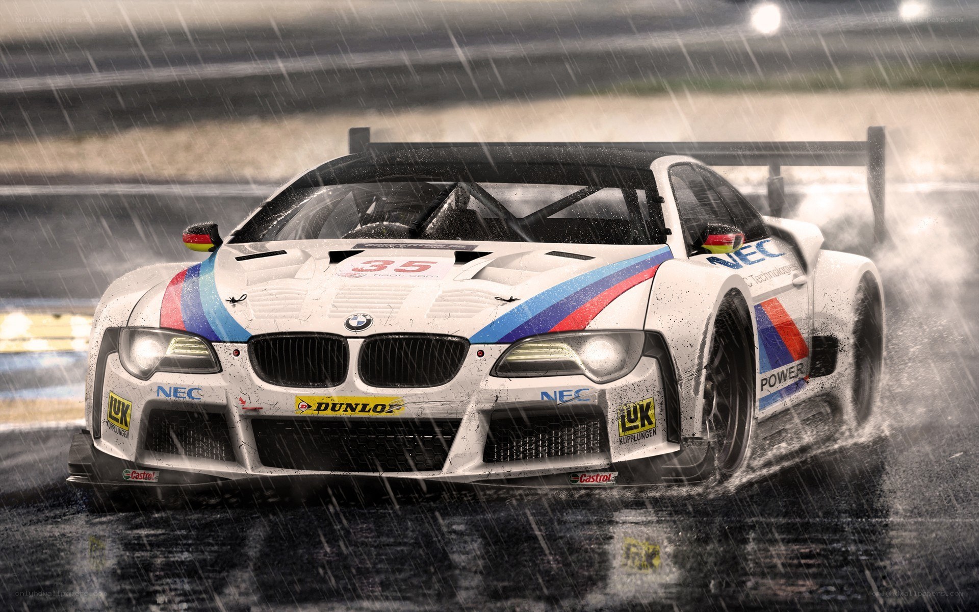 BMW race car in rain