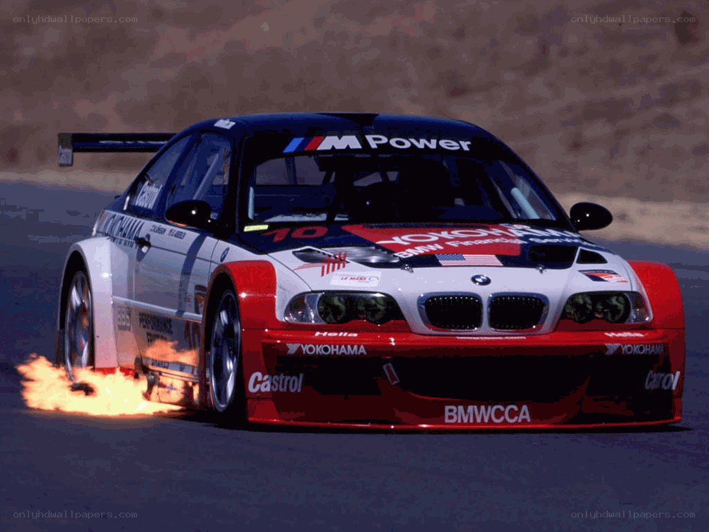 BMW race car on fire