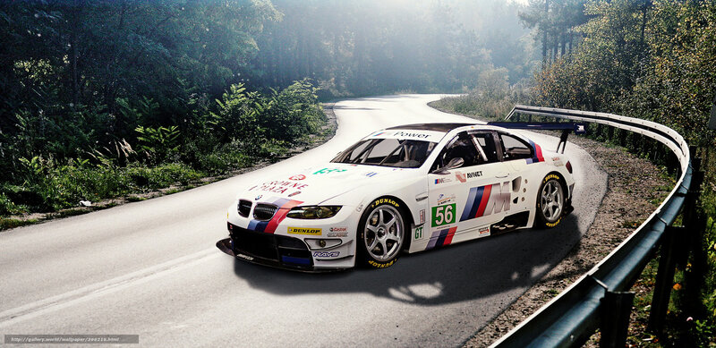 BMW race car on forest road