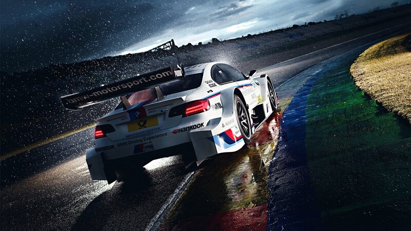 BMW Race Car on Track — White, Dramatic