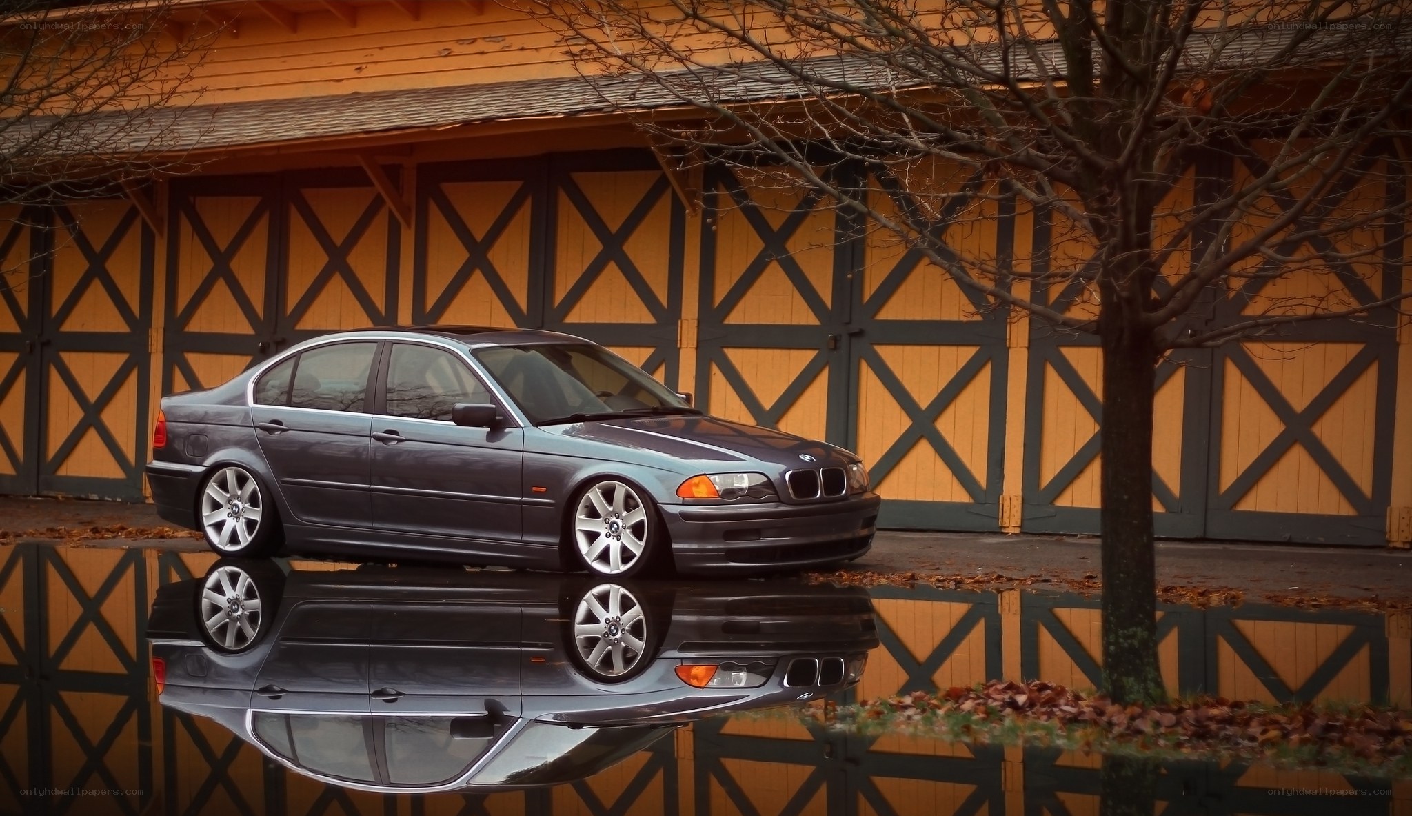 BMW sedan in autumn reflection