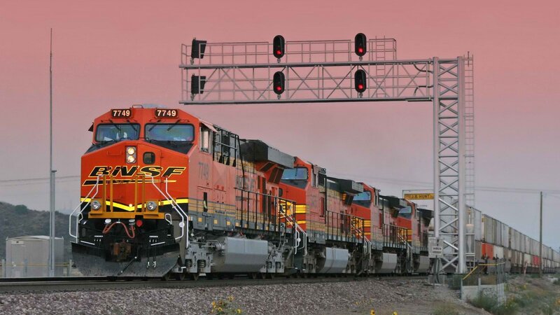 BNSF freight train at sunset