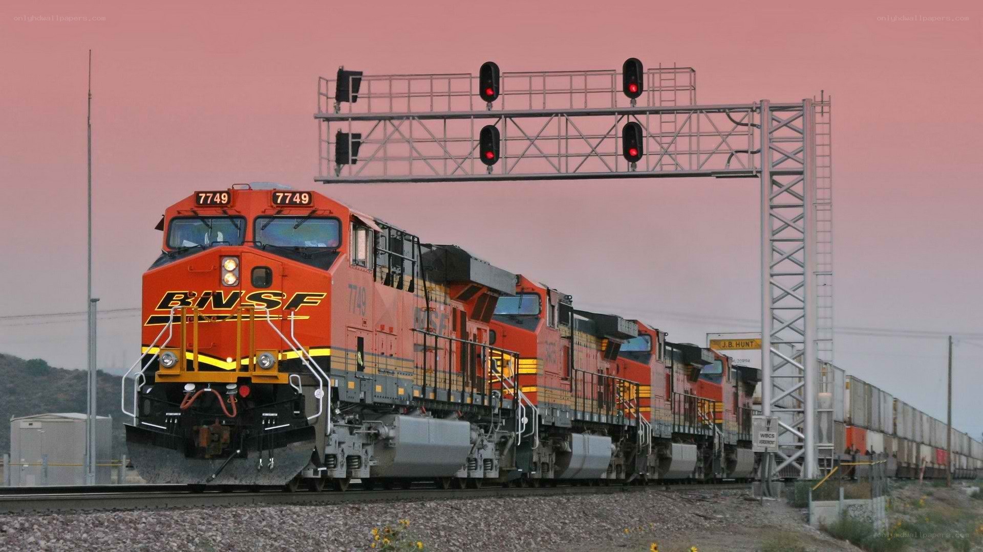 BNSF freight train at sunset