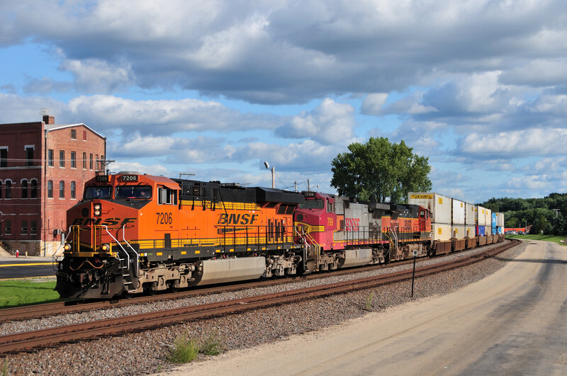 BNSF freight train in motion