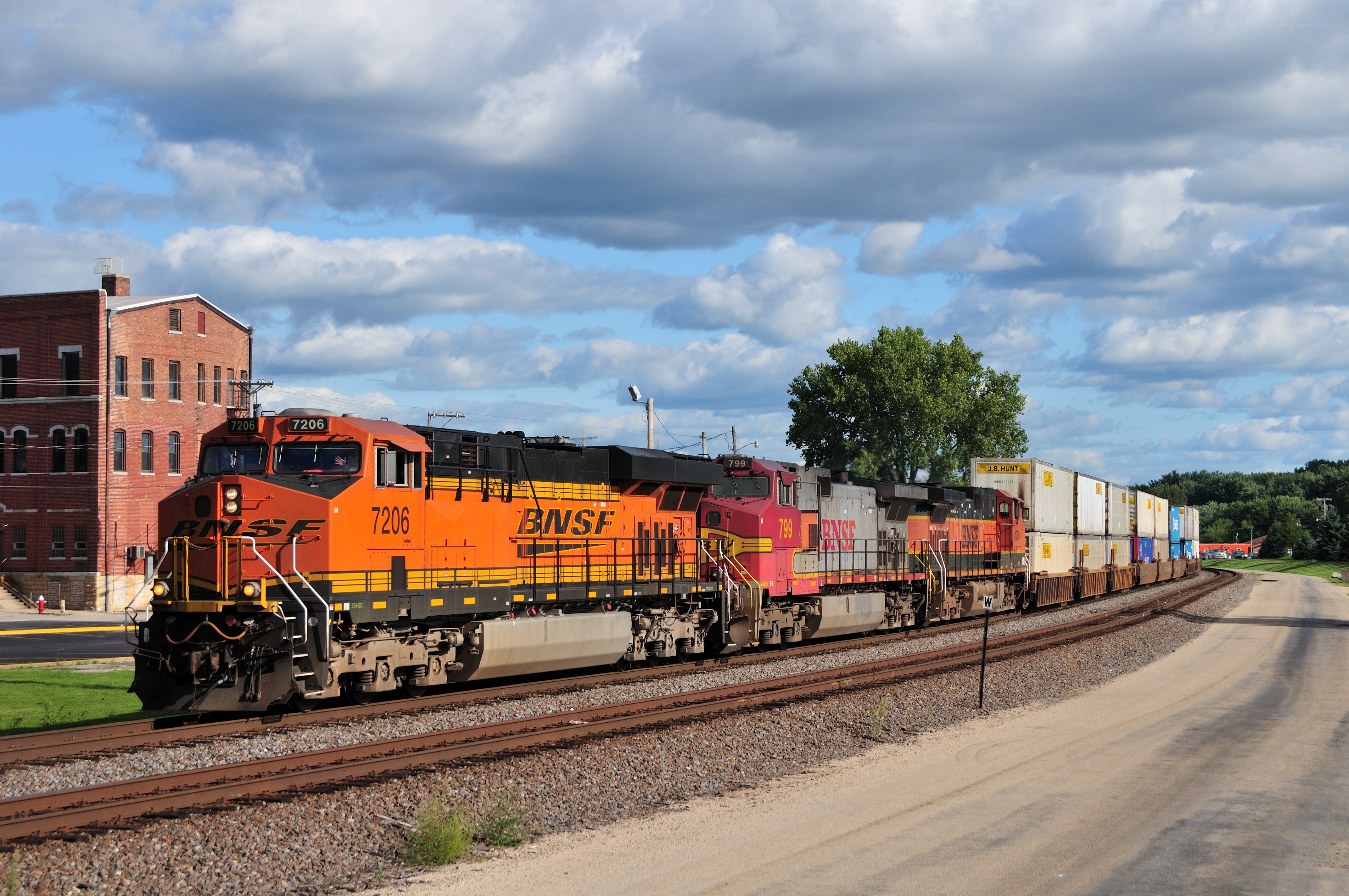 BNSF freight train in motion
