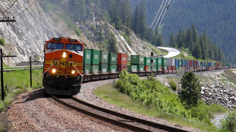 BNSF freight train in mountain pass
