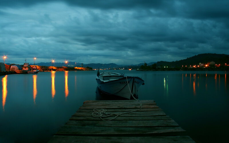 Boat at dock in evening